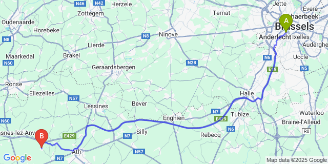 Map: Brussels Midi Train Station to Houtaing