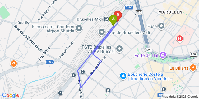 Map: Brussels Midi Train Station to ibis Brussels Centre Gare Midi