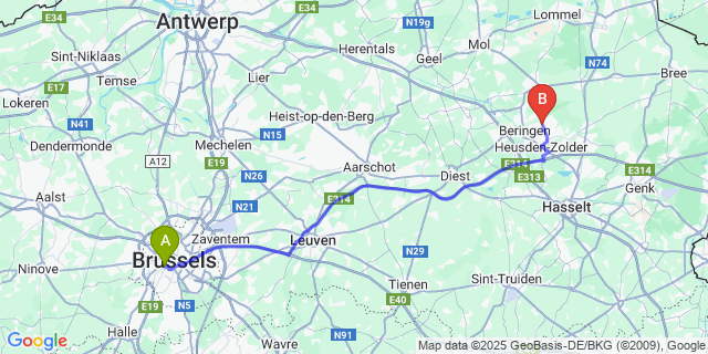 Map: Brussels Midi Train Station to Koersel