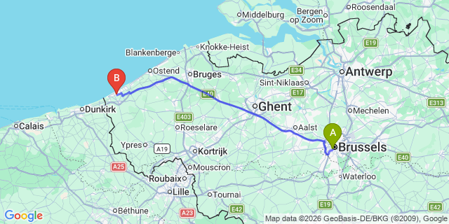 Map: Brussels Midi Train Station to Koksijde