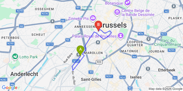 Map: Brussels Midi Train Station to La Vieille Lanterne, Brussels