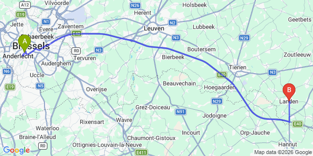 Map: Brussels Midi Train Station to Landen