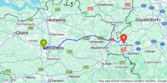 Map: Brussels Midi Train Station to Landgraaf
