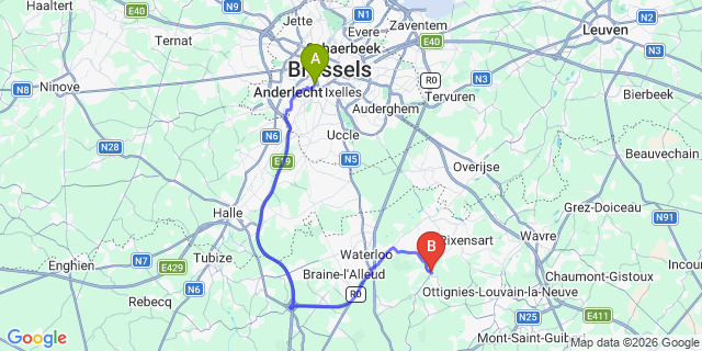 Map: Brussels Midi Train Station to Lasne