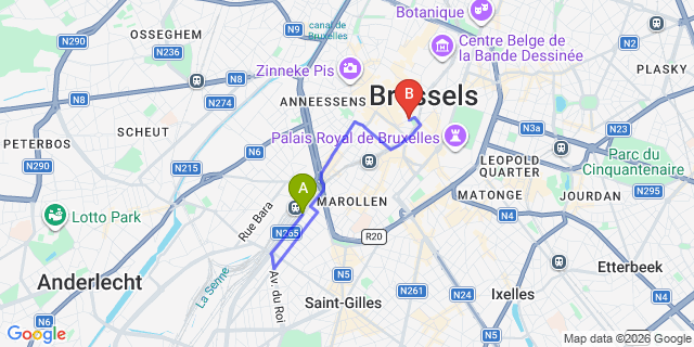 Map: Brussels Midi Train Station to Le Dixseptieme, Brussels