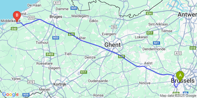 Map: Brussels Midi Train Station to Leffinge