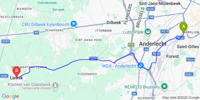 Map: Brussels Midi Train Station to Lennik