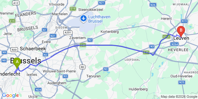 Map: Brussels Midi Train Station to Leuven