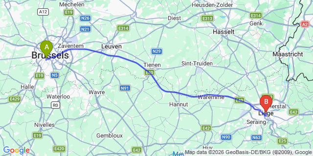 Map: Brussels Midi Train Station to Liège