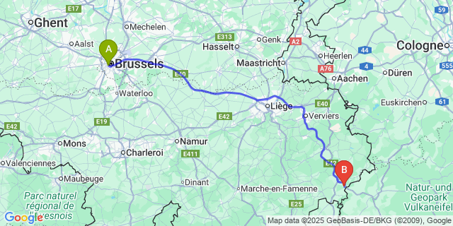 Map: Brussels Midi Train Station to Lommersweiler