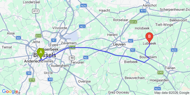 Map: Brussels Midi Train Station to Lubbeek