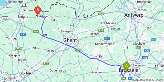 Map: Brussels Midi Train Station to Maldegem-Donk