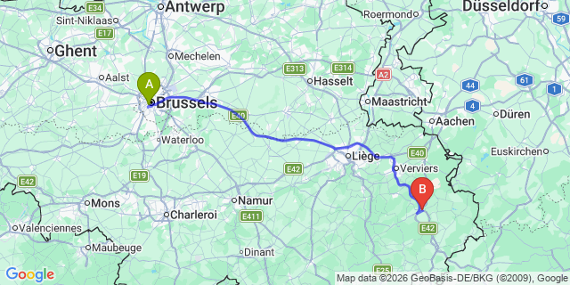 Map: Brussels Midi Train Station to Malmédy