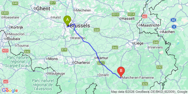 Map: Brussels Midi Train Station to Marche-en-famenne