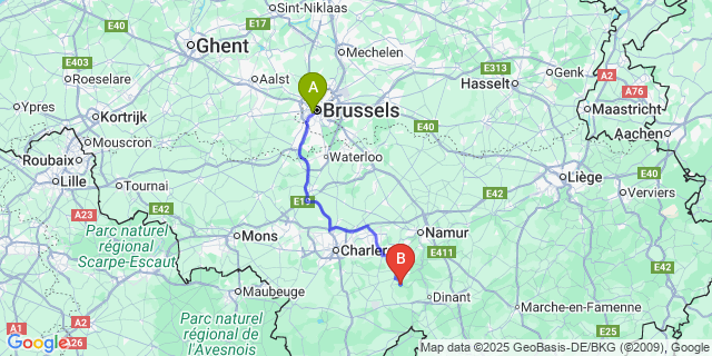 Map: Brussels Midi Train Station to Maredsous