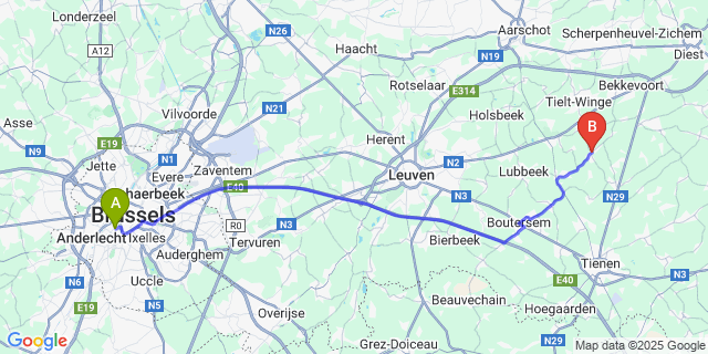 Map: Brussels Midi Train Station to Meensel-Kiezegem