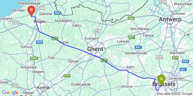 Map: Brussels Midi Train Station to Meetkerke