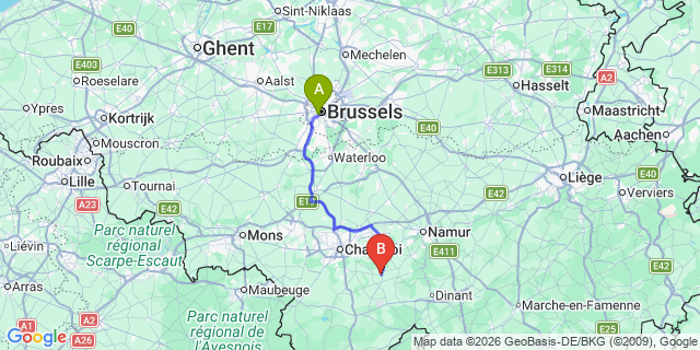 Map: Brussels Midi Train Station to Mettet