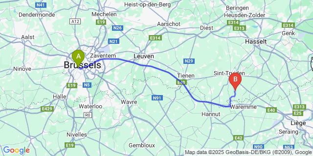 Map: Brussels Midi Train Station to Mielen-boven-Aalst