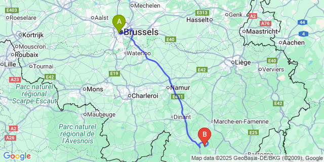 Map: Brussels Midi Train Station to Mirwart