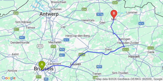 Map: Brussels Midi Train Station to Mol