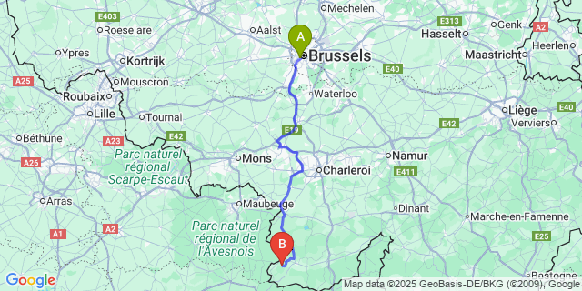 Map: Brussels Midi Train Station to Monceau-Imbrechies