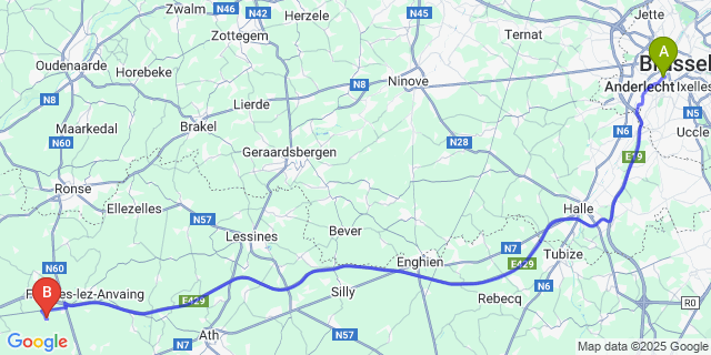 Map: Brussels Midi Train Station to Montroeul-au-Bois