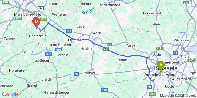Map: Brussels Midi Train Station to Moortsele