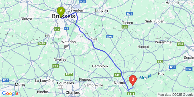Map: Brussels Midi Train Station to Mozet