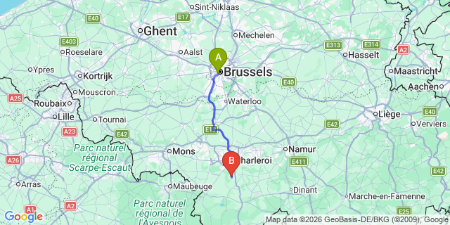 Map: Brussels Midi Train Station to Nalinnes