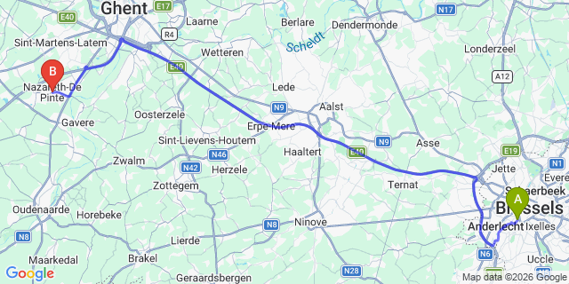 Map: Brussels Midi Train Station to Nazareth