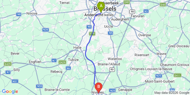 Map: Brussels Midi Train Station to Nivelles
