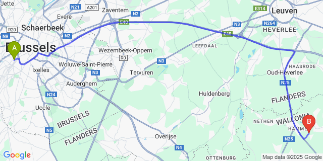 Map: Brussels Midi Train Station to Nodebais