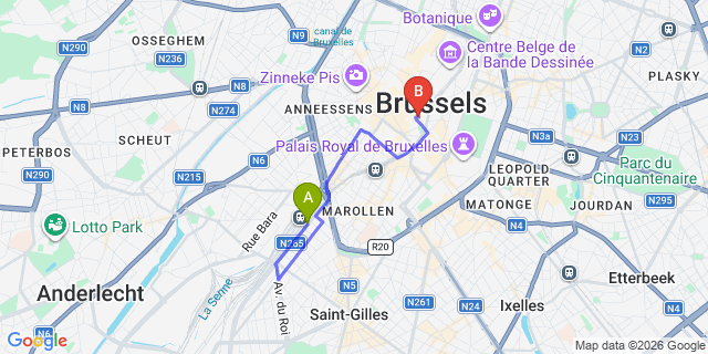 Map: Brussels Midi Train Station to Novotel Brussels off Grand Place