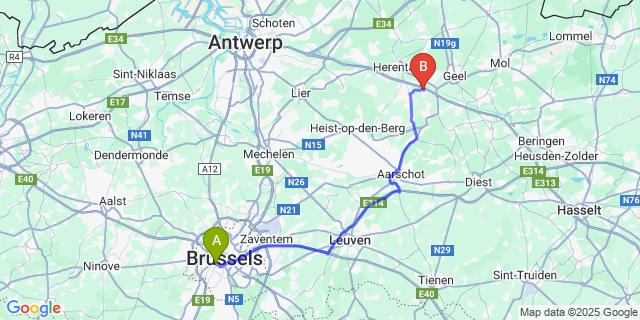 Map: Brussels Midi Train Station to Oevel