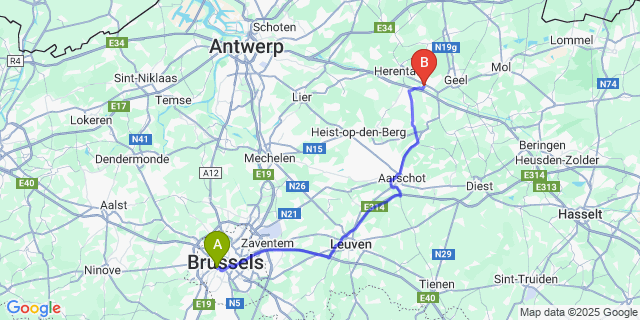 Map: Brussels Midi Train Station to Olen-Centrum