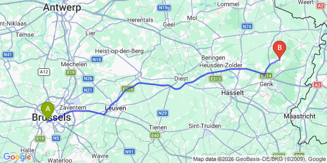 Map: Brussels Midi Train Station to Opglabbeek