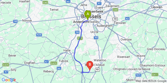 Map: Brussels Midi Train Station to Ophain-Bois-Seigneur-Isaac