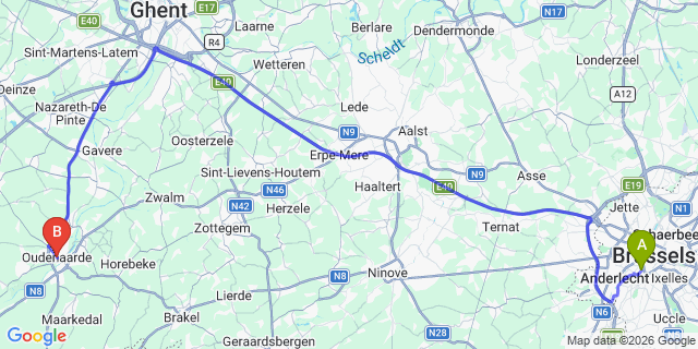 Map: Brussels Midi Train Station to Oudenaarde