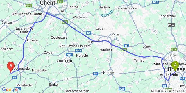 Map: Brussels Midi Train Station to Petegem-aan-de-Schelde