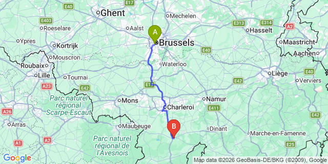 Map: Brussels Midi Train Station to Philippeville