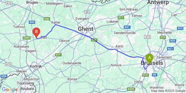 Map: Brussels Midi Train Station to Pittem