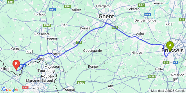 Map: Brussels Midi Train Station to Ploegsteert