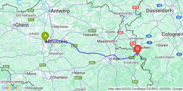 Map: Brussels Midi Train Station to Raeren