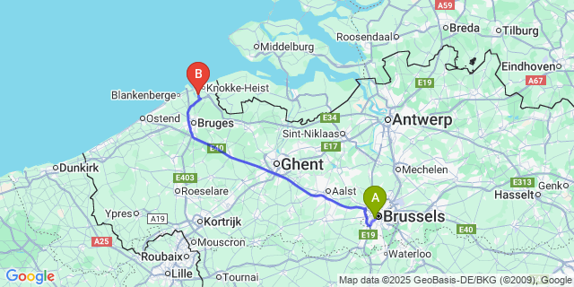 Map: Brussels Midi Train Station to Ramskapelle