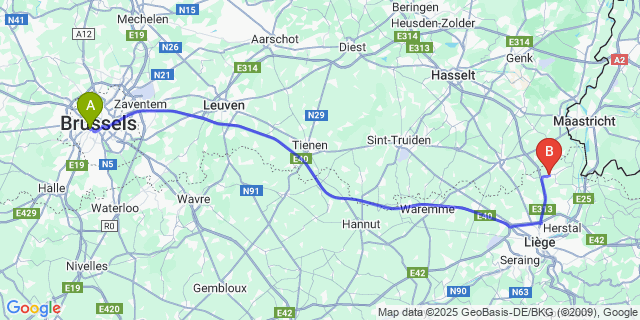 Map: Brussels Midi Train Station to Roclenge-Sur-Geer