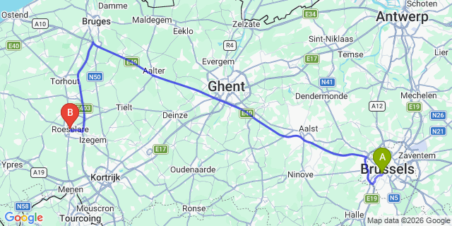 Map: Brussels Midi Train Station to Roeselare
