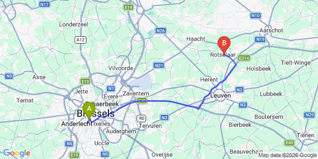 Map: Brussels Midi Train Station to Rotselaar