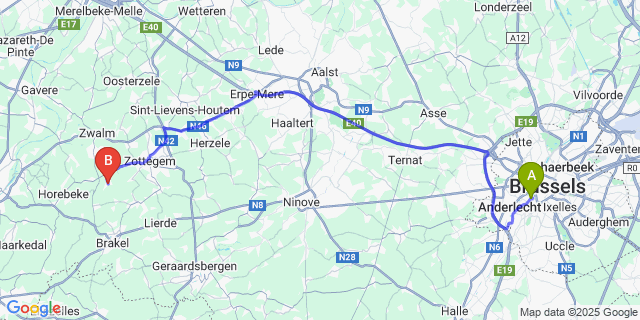 Map: Brussels Midi Train Station to Rozebeke