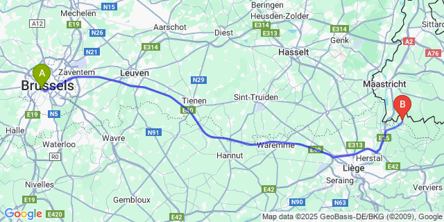 Map: Brussels Midi Train Station to ’s-Gravenvoeren